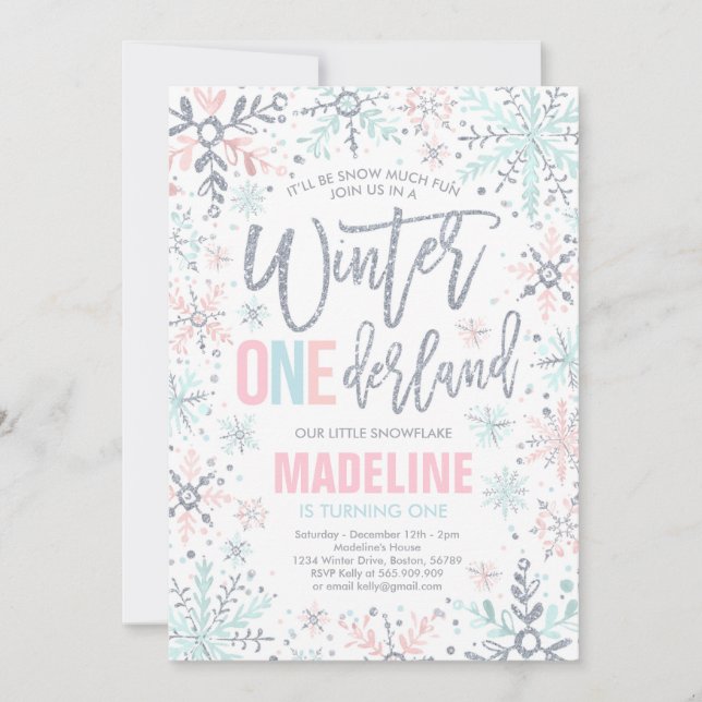Winter ONEderland Pink Silver Snowflake Birthday Invitation (Front)