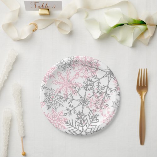 Winter Onederland Pink Silver Snowflake Paper Plates