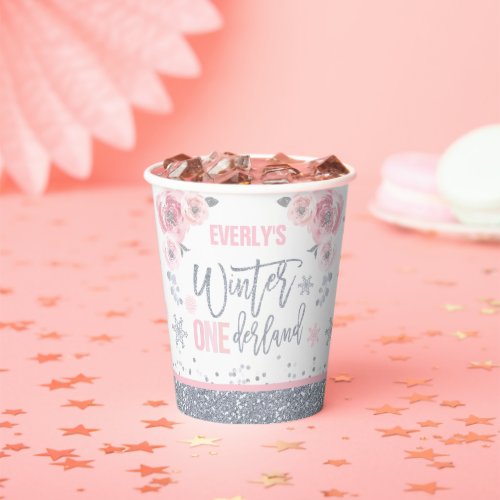 Winter ONEderland Pink Silver Snowflake Party  Paper Cups