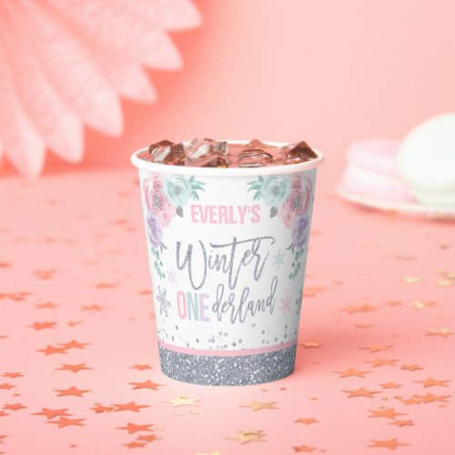 Winter ONEderland Pink Silver Snowflake Party Paper Cups
