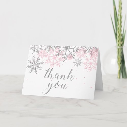 Winter Onederland Pink Silver snowflake thank you Card