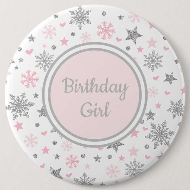 Winter ONEderland Pink Silver Snowflakes Birthday Button (Front)