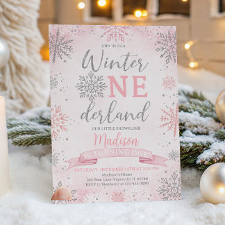 Winter Onederland Pink Silver Snowflakes Birthday Invitation