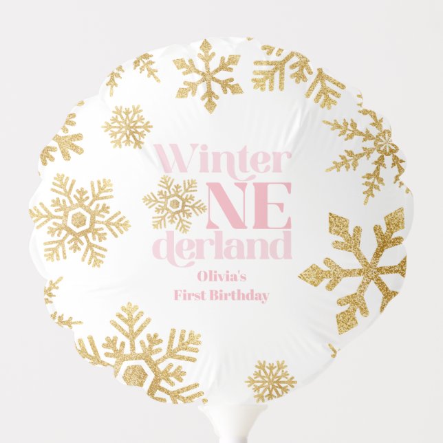 Winter Onederland Pink snowflake 1st birthday Balloon (Front)