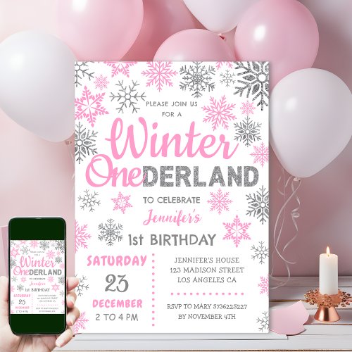 Winter Onederland  Pink Snowflake 1st Birthday Invitation