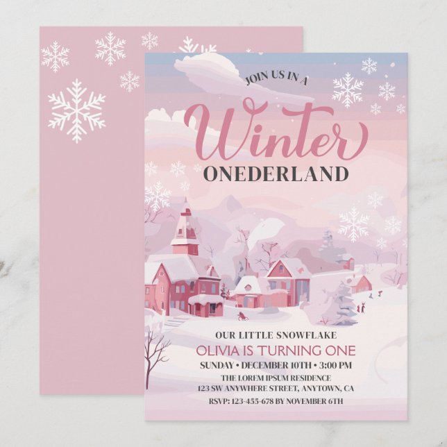 Winter Onederland  Pink Snowflake 1st Birthday Invitation (Front/Back)