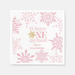 Winter Onederland Pink Snowflake 1st Birthday Napkins