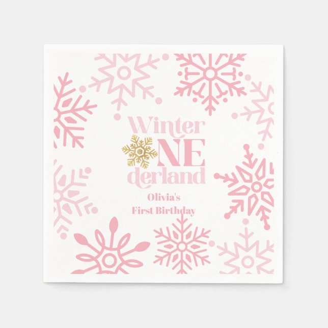 Winter Onederland Pink Snowflake 1st Birthday Napkins (Front)