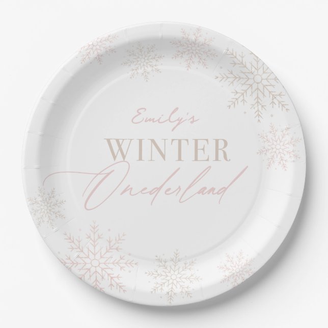Winter Onederland Pink Snowflake 1st Birthday Paper Plates (Front)