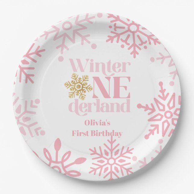 Winter Onederland Pink Snowflake 1st Birthday Paper Plates (Front)