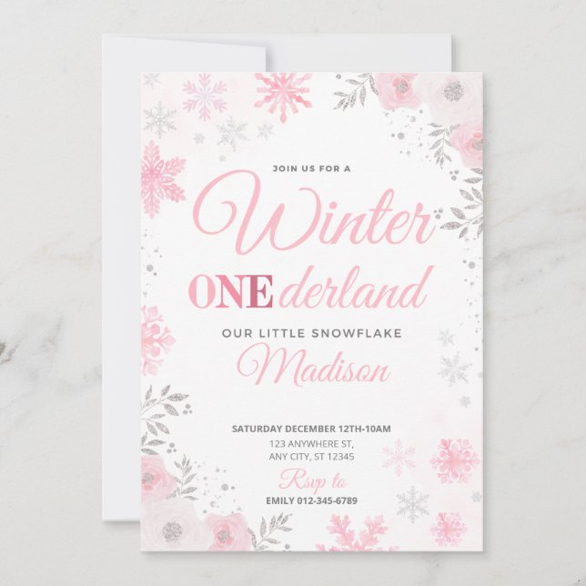 Winter ONEderland Pink Snowflake 1st Invitation (Front)