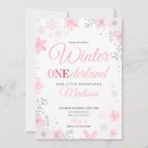 Winter ONEderland Pink Snowflake 1st Invitation
