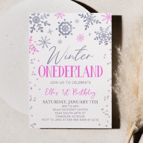 Winter ONEderland Pink Snowflake Birthday Party Invitation