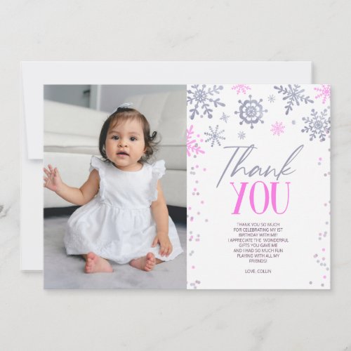 Winter ONEderland Pink Snowflake Birthday Party Thank You Card