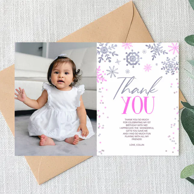Winter ONEderland Pink Snowflake Birthday Party Thank You Card | Zazzle