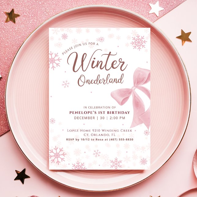 Winter Onederland Pink Snowflake Bow 1st Birthday Invitation (Creator Uploaded)