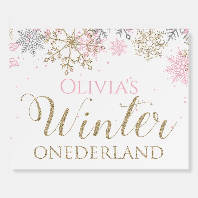 Winter Onederland Pink Snowflake First Birthday Foam Board (Front)