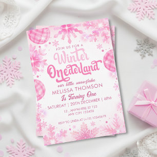 Winter Onederland Pink Snowflake First Birthday Invitation