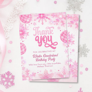 Winter Onederland Pink Snowflake First Birthday Thank You Card