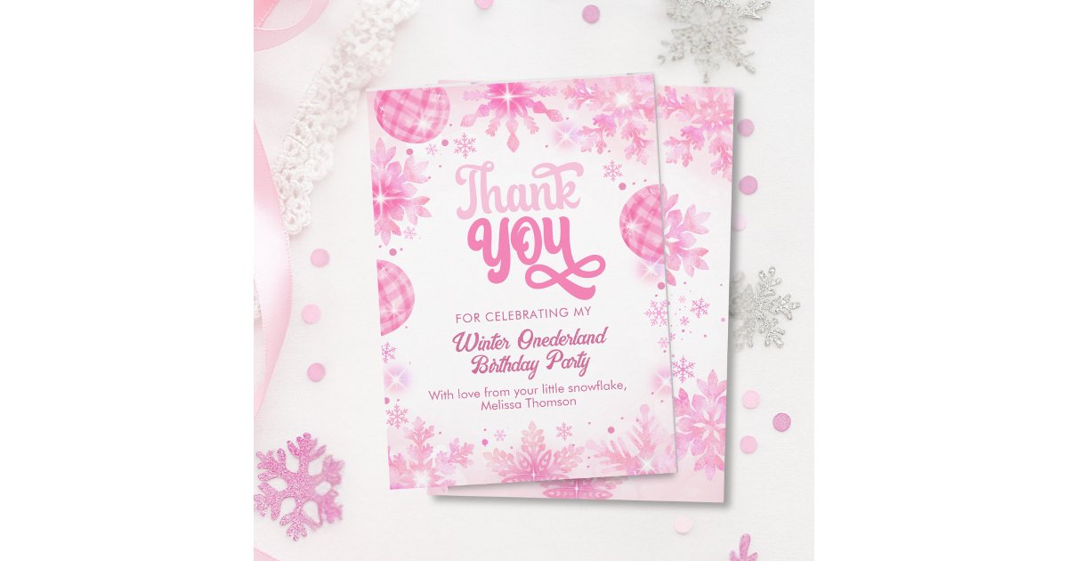 Winter Onederland Pink Snowflake First Birthday Thank You Card | Zazzle