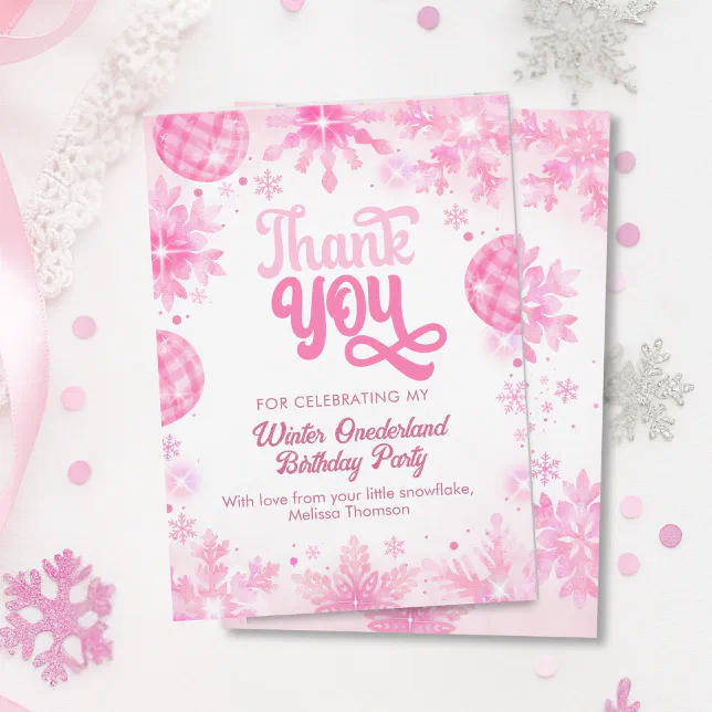 Winter Onederland Pink Snowflake First Birthday Thank You Card | Zazzle
