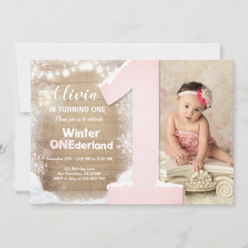 Winter Onederland Pink Snowflake Girl 1st Birthday Invitation