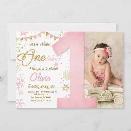 Winter Onederland Pink Snowflake Girl Birthday Invitation