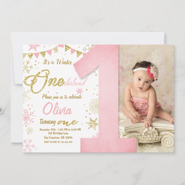 Winter Onederland Pink Snowflake Girl Birthday Invitation (Front)