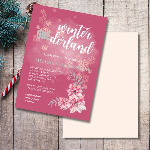 Winter onederland pink snowflake pink poinsettia invitation
