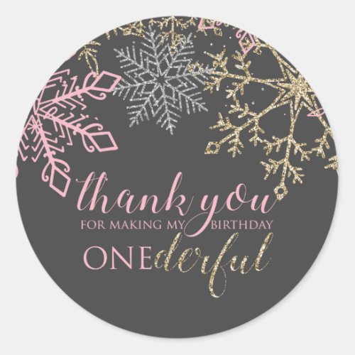 Winter Onederland pink snowflake thank you tags