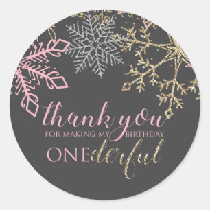 Winter Onederland pink snowflake thank you tags