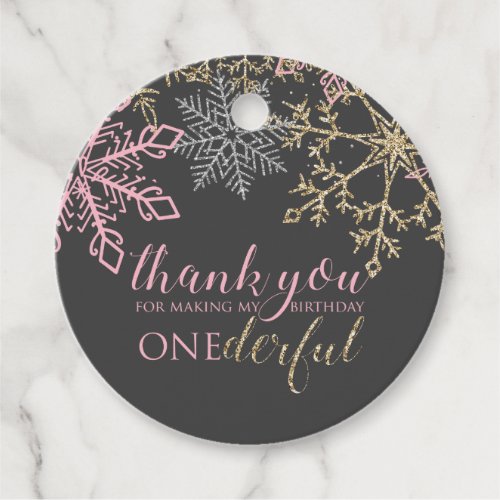 Winter Onederland pink snowflake thank you tags