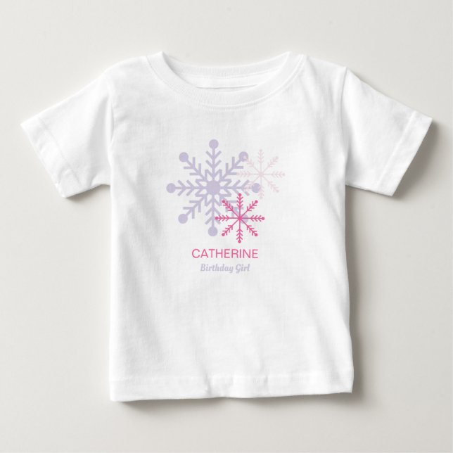 Winter Onederland Pink Snowflakes Modern T-Shirt (Front)