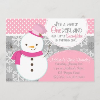 Winter Onederland Pink Snowman Invitation by brookechanel at Zazzle