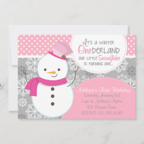 Winter ONEderland Pink Snowman Invitation