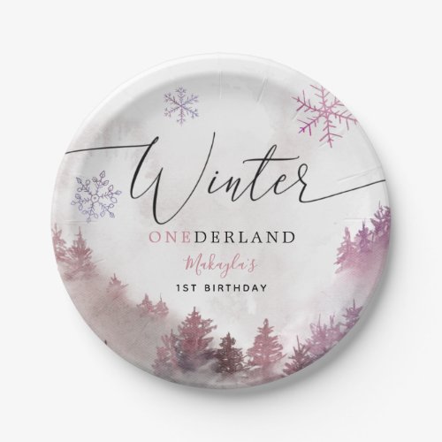 Winter ONEderland Pink Snowy Mountain Birthday Paper Plates