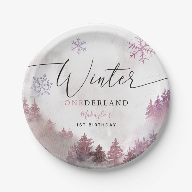 Winter ONEderland Pink Snowy Mountain Birthday Paper Plates (Front)