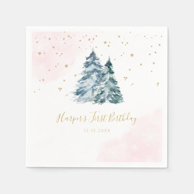Winter Onederland Pink Snowy Pine Trees Napkins (Front)