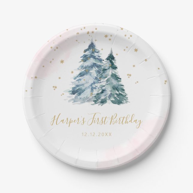 Winter Onederland Pink Snowy Pine Trees Paper Plates (Front)