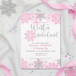 Winter Onederland Pink Sparkle Snowflake Birthday Invitation