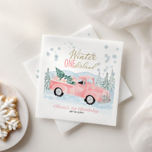 Winter Onederland Pink Truck First Birthday Napkins