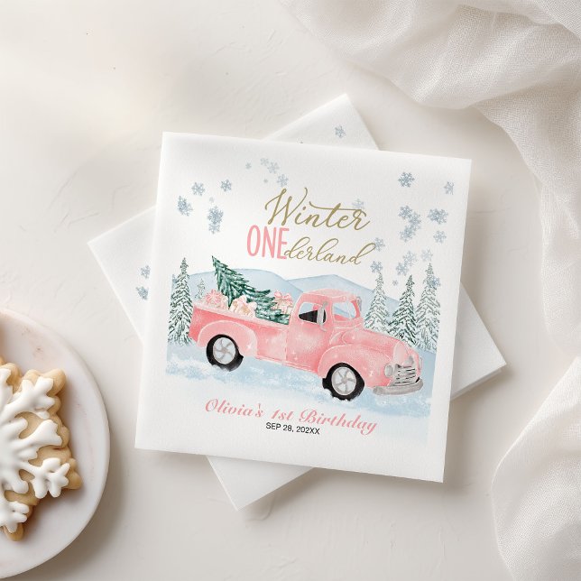Winter Onederland Pink Truck First Birthday Napkins (Creator Uploaded)