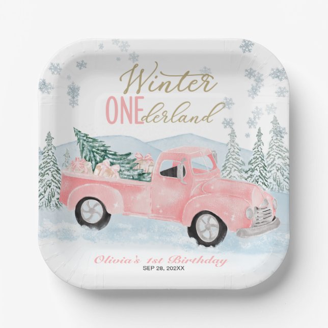 Winter Onederland Pink Truck First Birthday Paper Plates (Front)