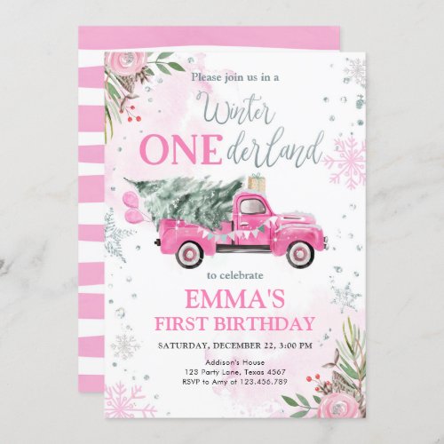 Winter Onederland Pink Truck Girl  First Birthday Invitation