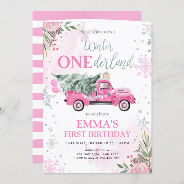Winter Onederland Pink Truck Girl  First Birthday Invitation (Front/Back)