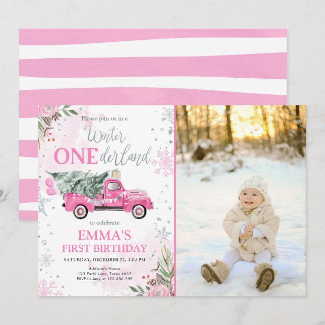 Winter Onederland Pink Truck Girl First Birthday Invitation (Front/Back)