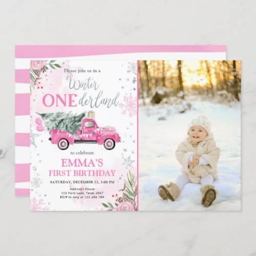 Winter Onederland Pink Truck Girl First Birthday Invitation