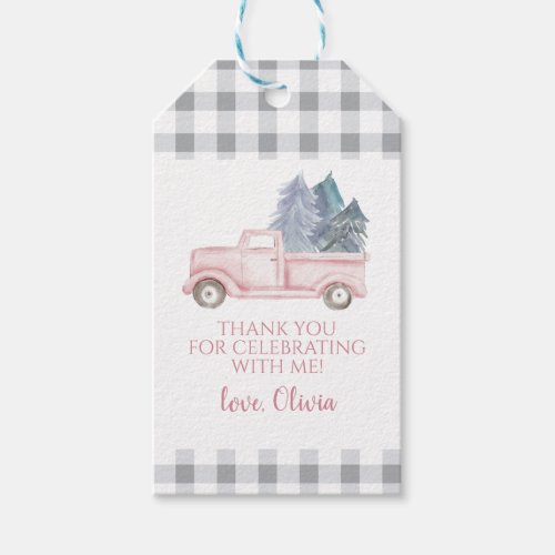 Winter Onederland Pink Truck Plaid Gift Tags