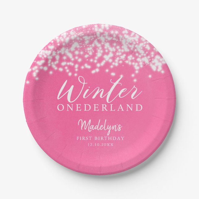 Winter ONEDERLAND Pink Winter Birthday Party Paper Plates (Front)