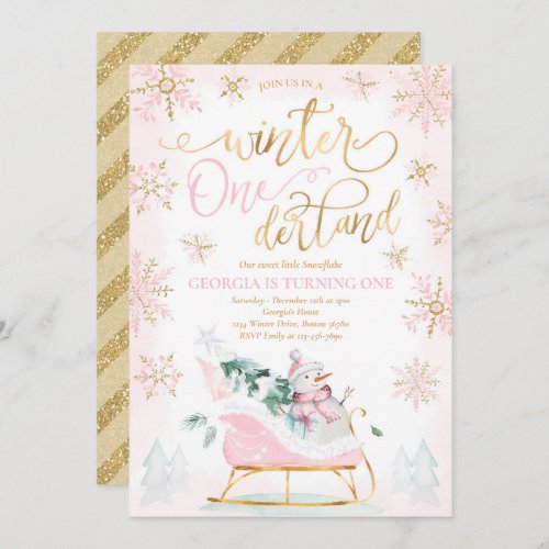 Winter ONEderland Pink Winter Sleigh 1st Birthday Invitation